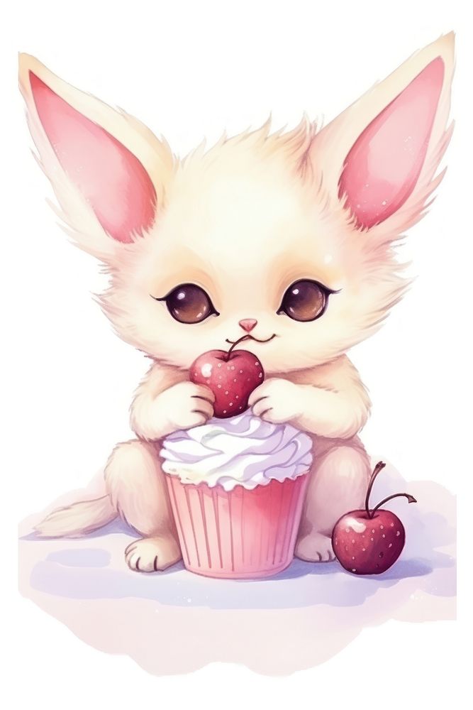 Fennec fox eat dessert cupcake cartoon mammal. 