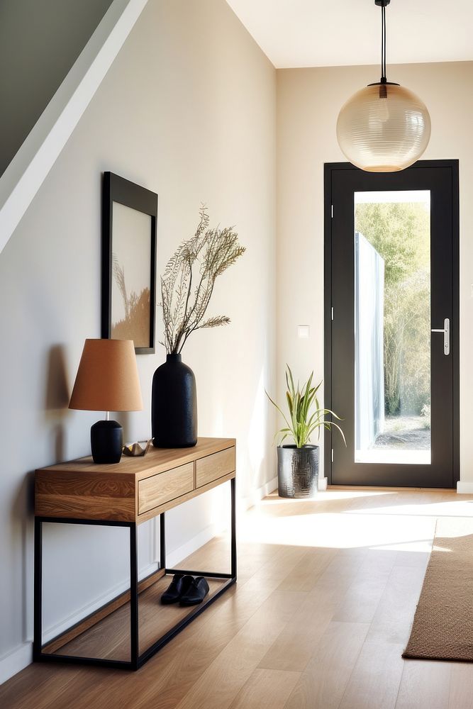 Modern styled small entryway architecture furniture building. 