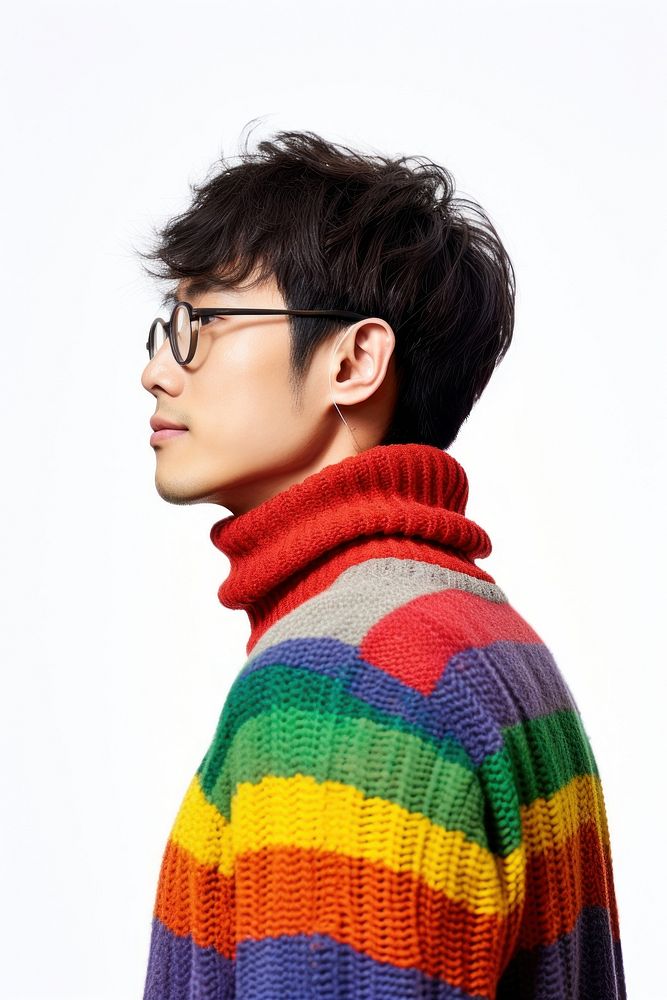 Wearing colorful sweater glasses face white background. 