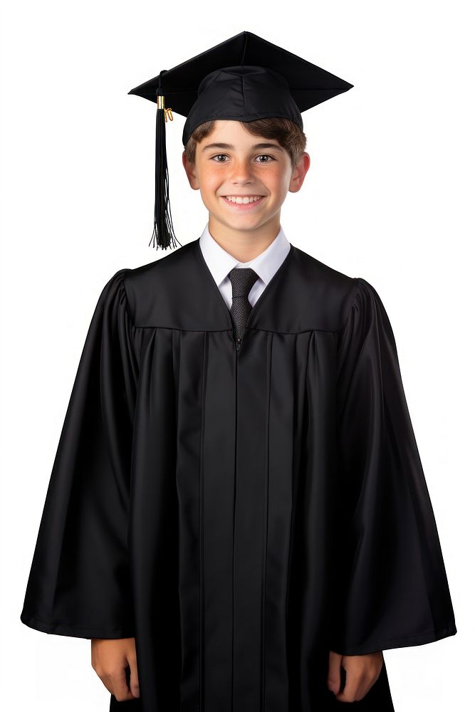 Boy wearing graduation gown white background intelligence mortarboard. AI generated Image by rawpixel.