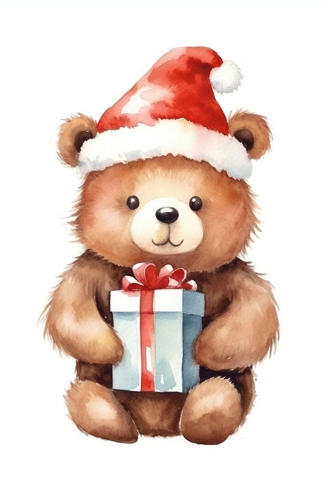 Bear wearing christmas hat cute toy white background. 