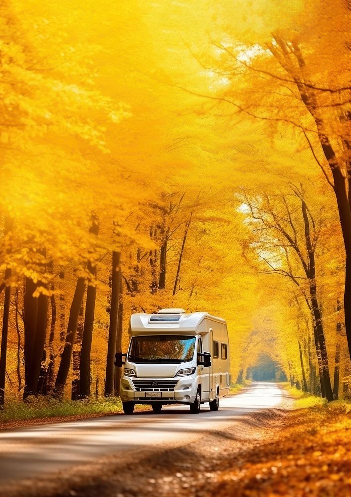 Autumn vehicle journey forest. AI generated Image by rawpixel.