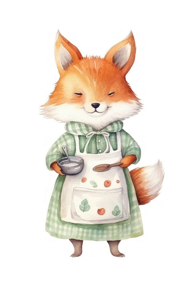 Fox cooking cartoon cute white background. AI generated Image by rawpixel.