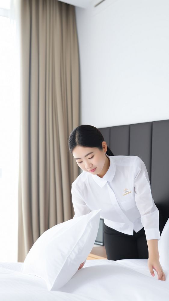 Hotel staff making bed. AI generated Image by rawpixel.