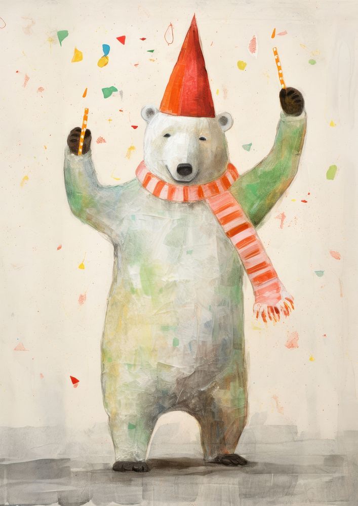Happy polar bear celebrating Christmas wearing Santa hat art drawing mammal. 
