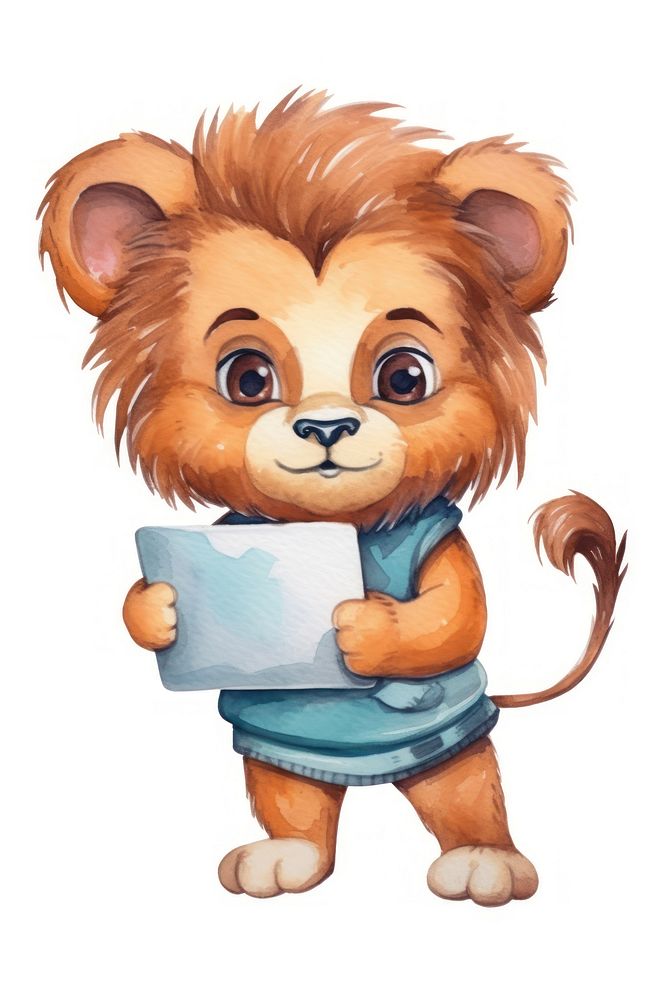 Lion holding computer cartoon cute white background. AI generated Image by rawpixel.