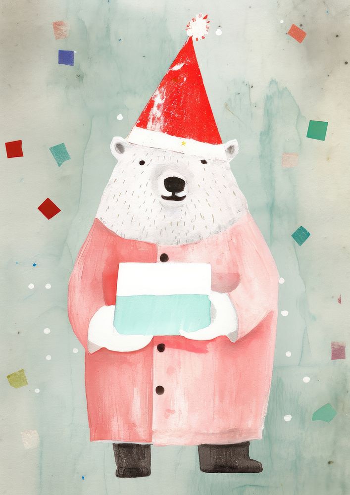 A Happy polar bear celebrating Christmas wearing Santa hat christmas art representation. AI generated Image by rawpixel.