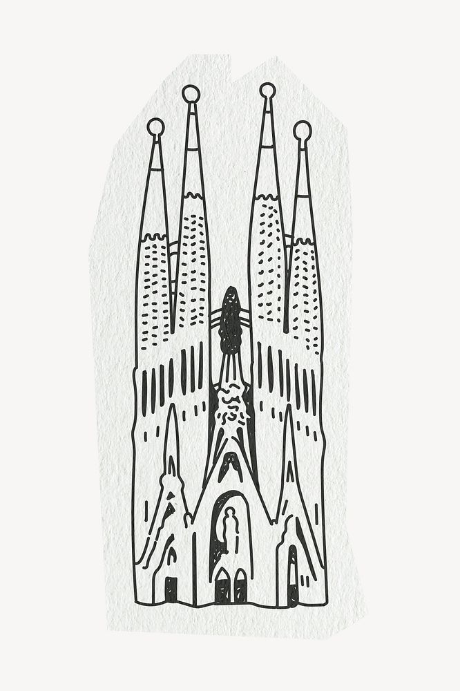 Sagrada Familia building, Barcelona famous location, line art collage element 