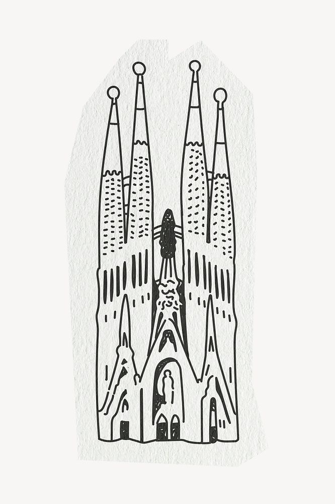 Sagrada Familia building, Barcelona famous location, line art collage element psd
