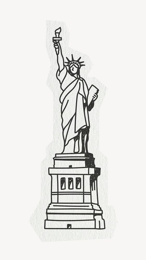 Statue of Liberty, famous location, line art collage element psd
