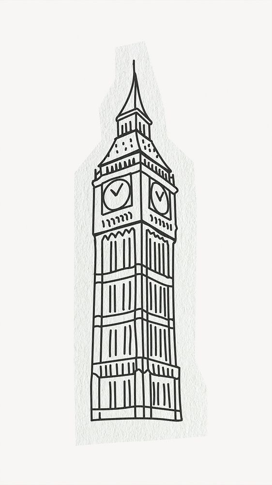 Big Ben clock tower, famous location, line art collage element 