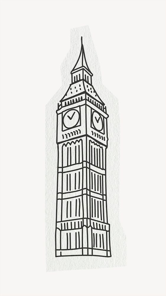 Big Ben clock tower, famous location, line art collage element psd