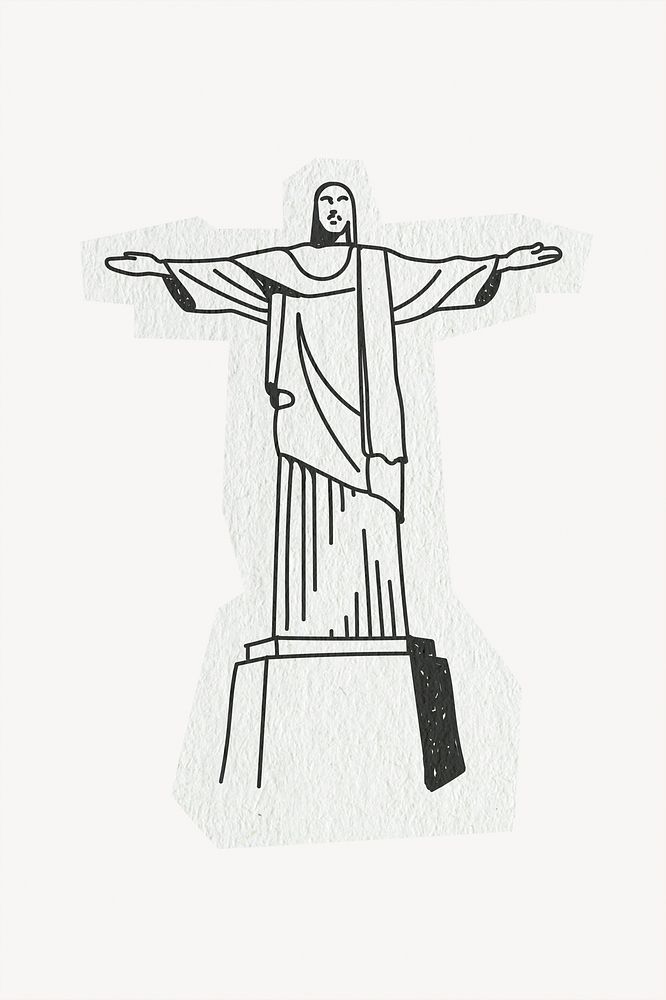 Christ the Redeemer statue, famous location in Brazil, line art collage element 