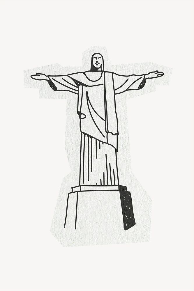 Christ the Redeemer statue, famous location in Brazil, line art collage element psd