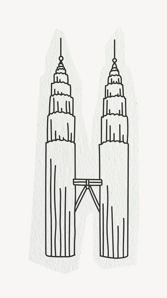Petronas Twin Towers, famous location in Malaysia, line art collage element psd