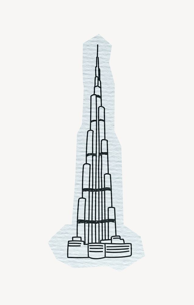 Burj Khalifa skyscraper, famous Dubai location, line art collage element