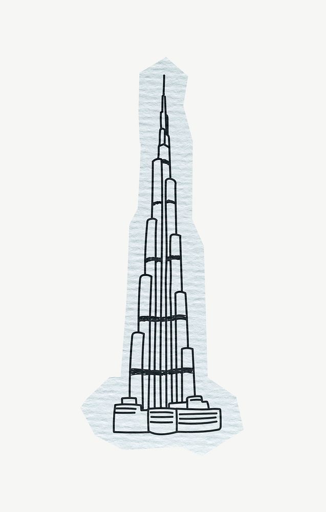Burj Khalifa skyscraper, famous Dubai location, line art collage element psd