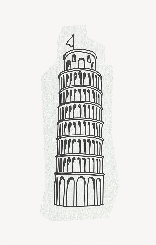 Leaning Tower of Pisa, famous tourist attraction, line art collage element 