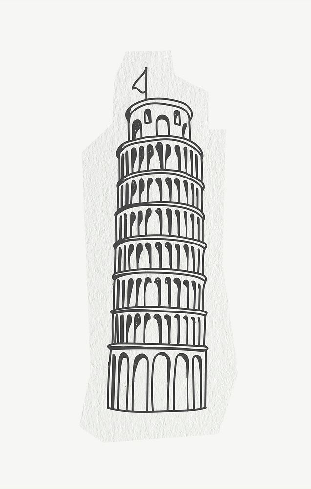 Leaning Tower of Pisa, famous tourist attraction, line art collage element psd