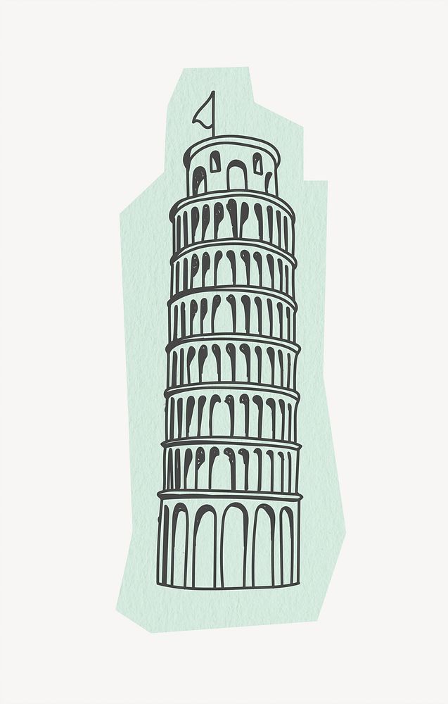 Leaning Tower of Pisa, famous tourist attraction, line art collage element 