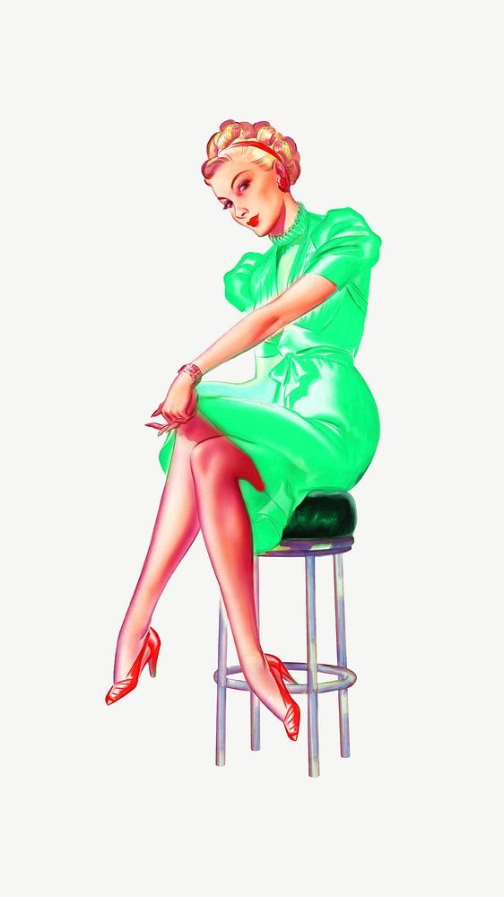 Vintage woman sitting on stool illustration psd
