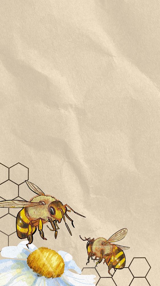 Wrinkled paper textured iPhone wallpaper, bees border