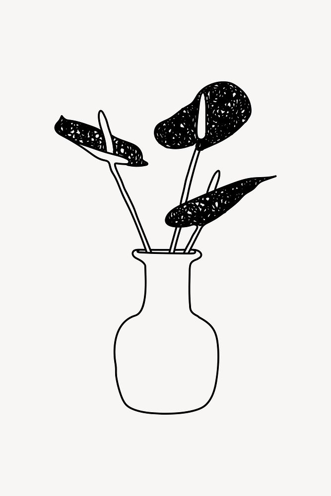 Anthurium flowers in vase doodle illustration design