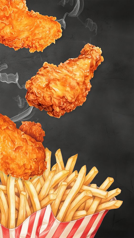 Fries & fried chickens mobile phone, food digital art design