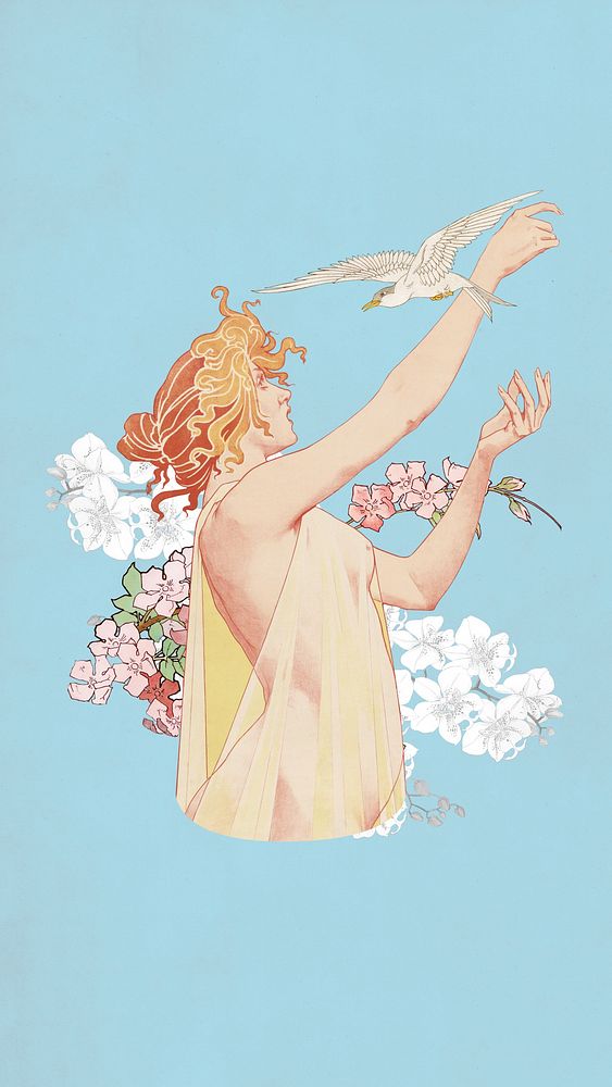 Woman and bird iPhone wallpaper, vintage illustration by Absinthe Robette. Remixed by rawpixel.