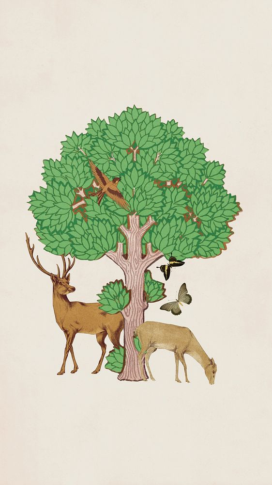 Stag deer and tree iPhone wallpaper, vintage animal illustration. Remixed by rawpixel.