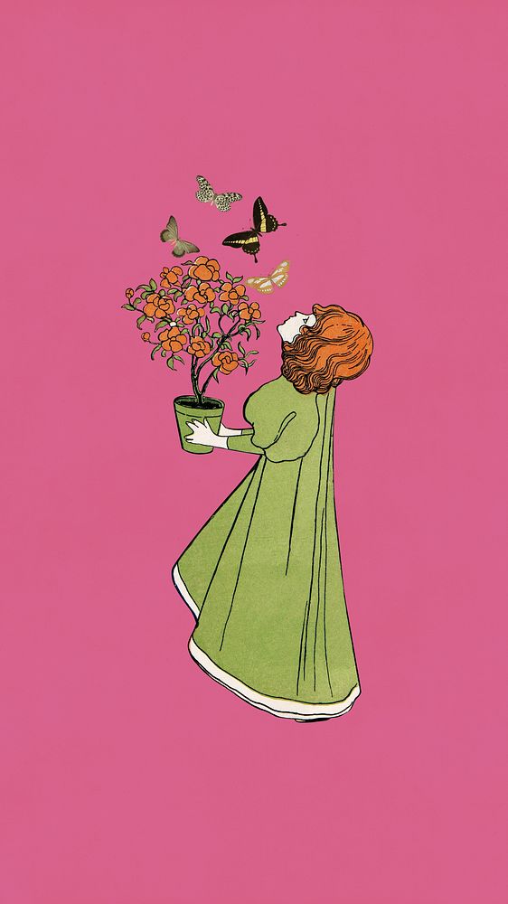 Girl holding flower pot iPhone wallpaper, Josef Rudolf Witzel's vintage illustration. Remixed by rawpixel.