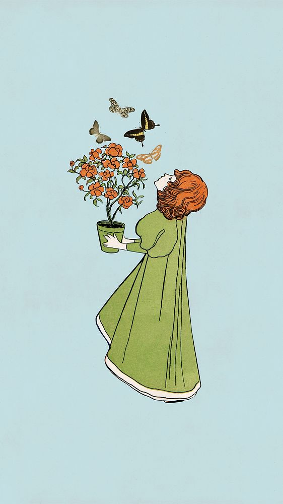 Girl holding flower pot iPhone wallpaper, Josef Rudolf Witzel's vintage illustration. Remixed by rawpixel.