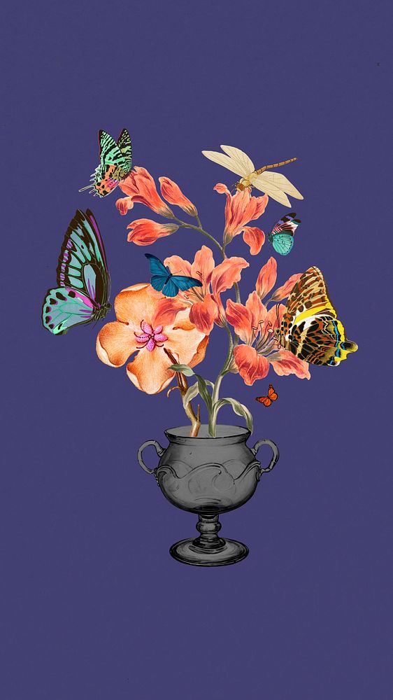 Flower and butterfly iPhone wallpaper, vintage botanical illustration. Remixed by rawpixel.