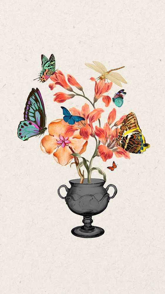 Flower and butterfly iPhone wallpaper, vintage botanical illustration. Remixed by rawpixel.