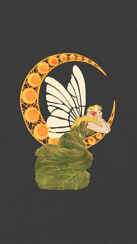 Butterfly fairy iPhone wallpaper, vintage art nouveau illustration. Remixed by rawpixel.
