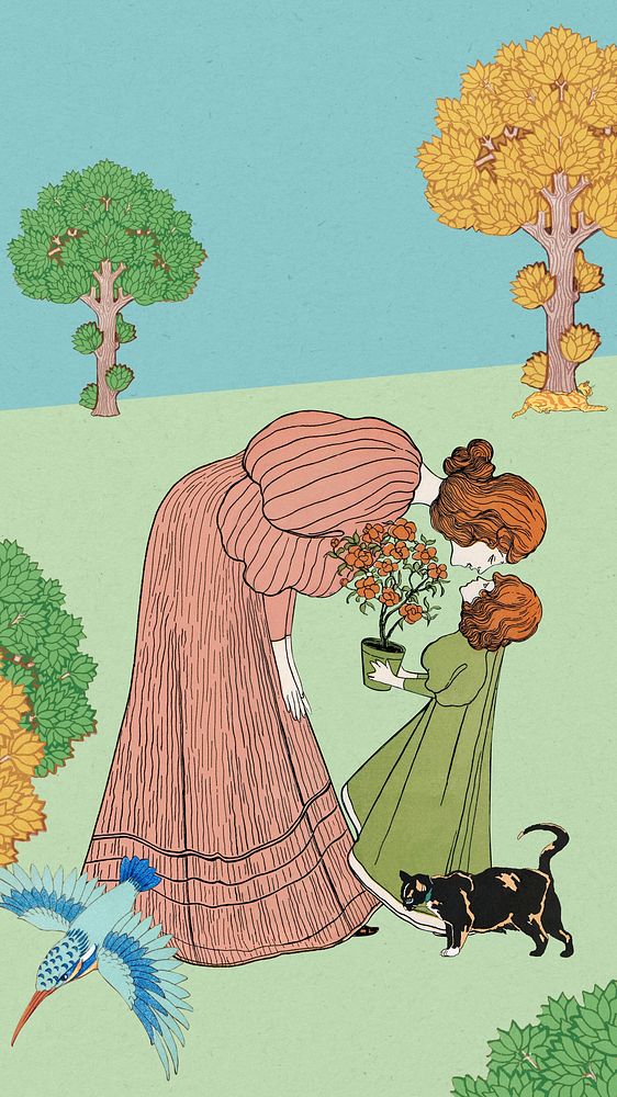 Mother and daughter iPhone wallpaper, Josef Rudolf Witzel's art nouveau illustration. Remixed by rawpixel.