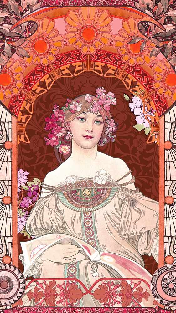 Alphonse Mucha's woman iPhone wallpaper, art nouveau illustration. Remixed by rawpixel.