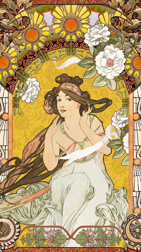 Alphonse Mucha's Music iPhone wallpaper, art nouveau woman illustration. Remixed by rawpixel.