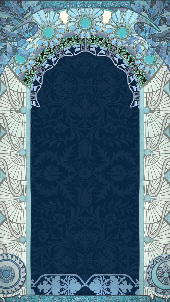 Floral art nouveau frame iPhone wallpaper, blue vintage botanical illustration. Remixed by rawpixel.