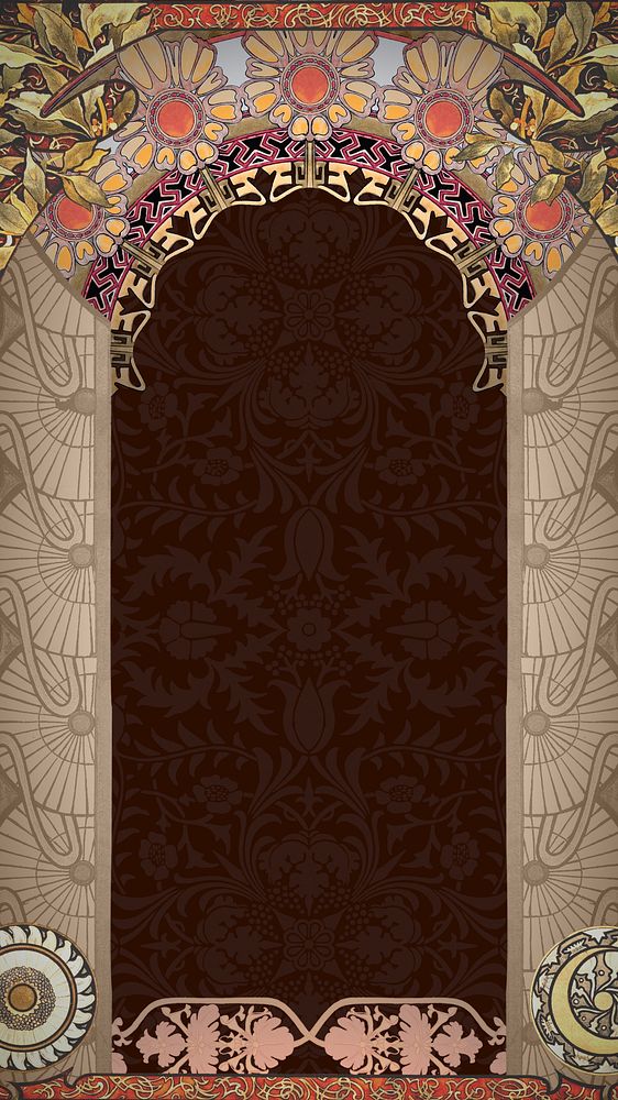 Floral art nouveau frame iPhone wallpaper, brown vintage botanical illustration. Remixed by rawpixel.