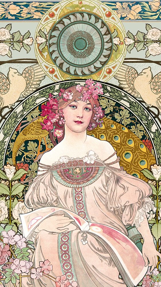 Alphonse Mucha's woman iPhone wallpaper, floral art nouveau illustration. Remixed by rawpixel.