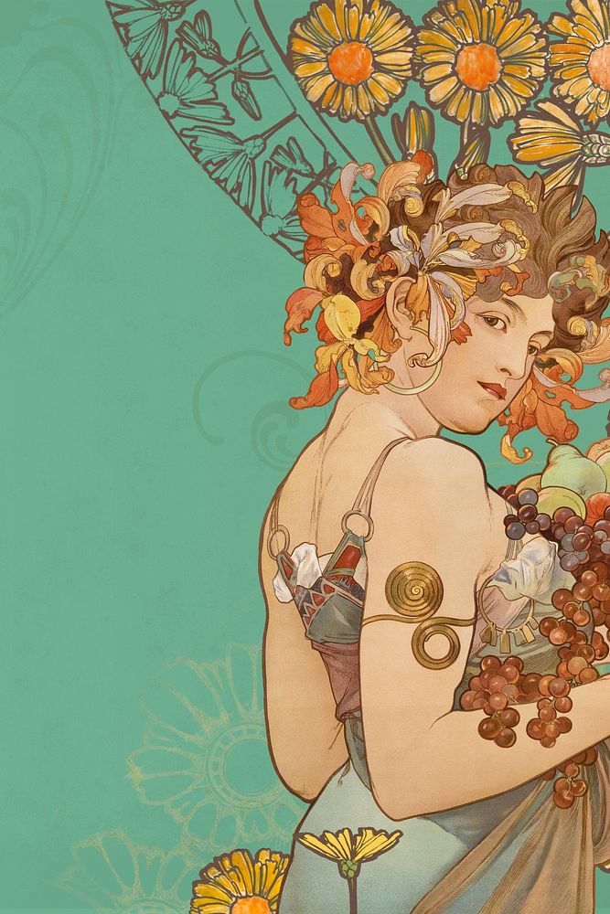 Alphonse Mucha's Fruits background, vintage art nouveau illustration. Remixed by rawpixel.