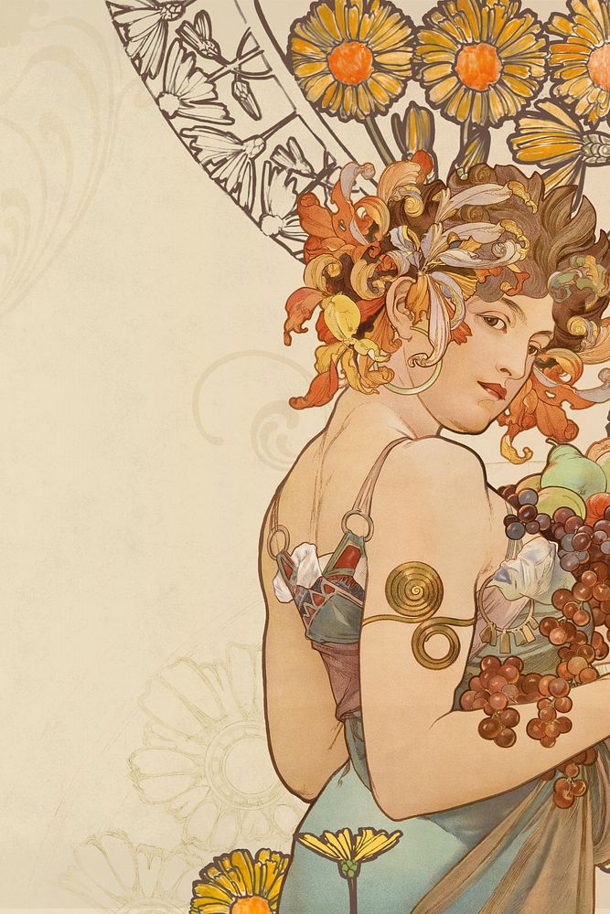 Alphonse Mucha's Fruits background, vintage art nouveau illustration. Remixed by rawpixel.