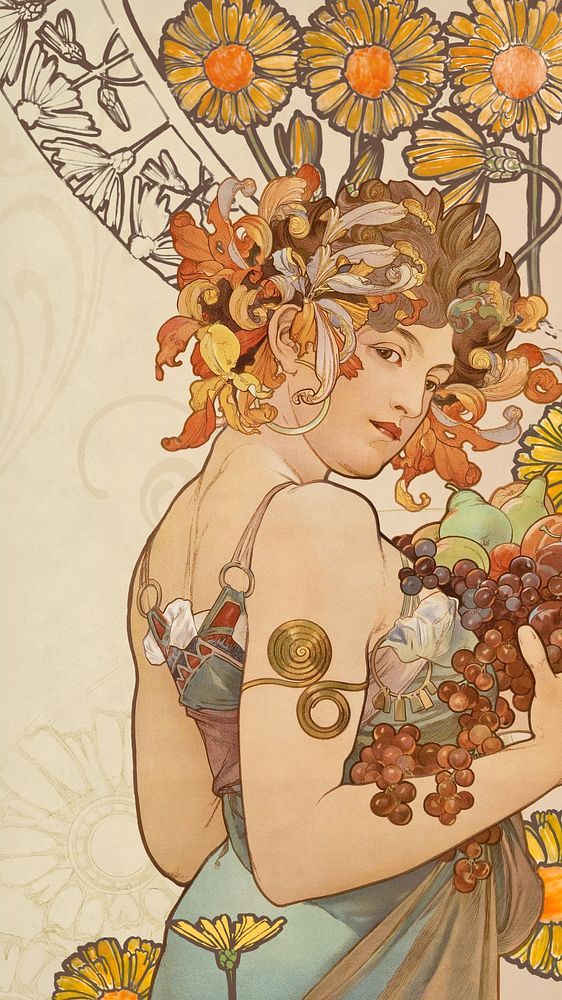 Alphonse Mucha's Fruits iPhone wallpaper, vintage art nouveau illustration. Remixed by rawpixel.