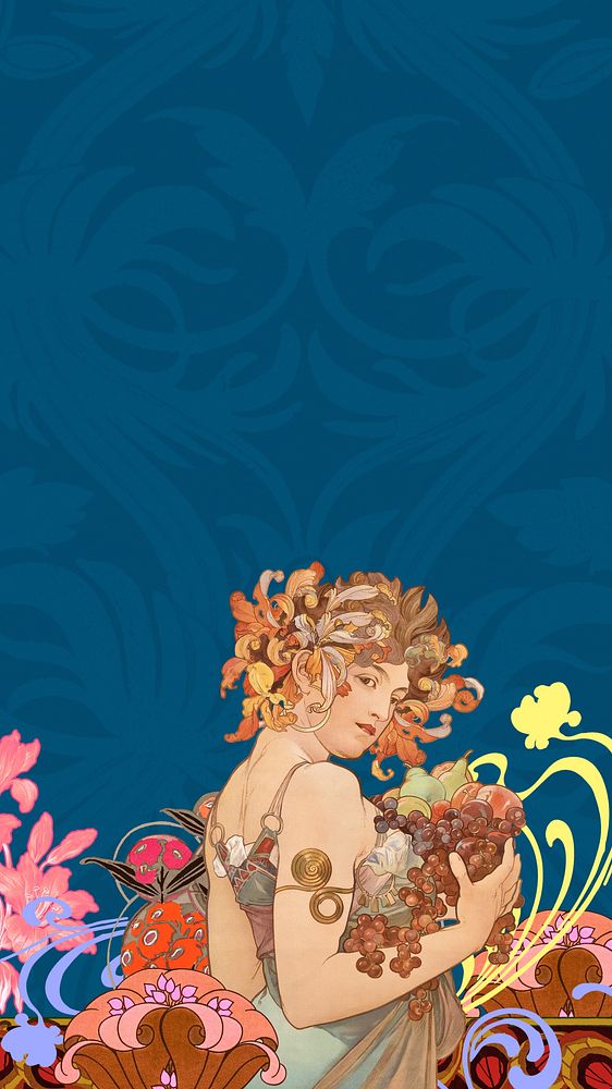 Alphonse Mucha's Fruits iPhone wallpaper, vintage art nouveau illustration. Remixed by rawpixel.