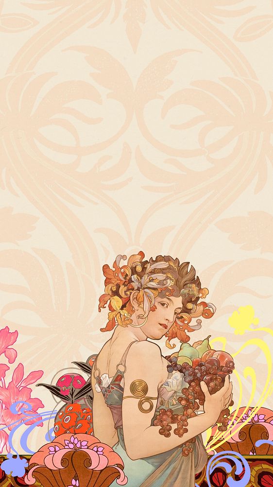 Alphonse Mucha's Fruits iPhone wallpaper, vintage art nouveau illustration. Remixed by rawpixel.