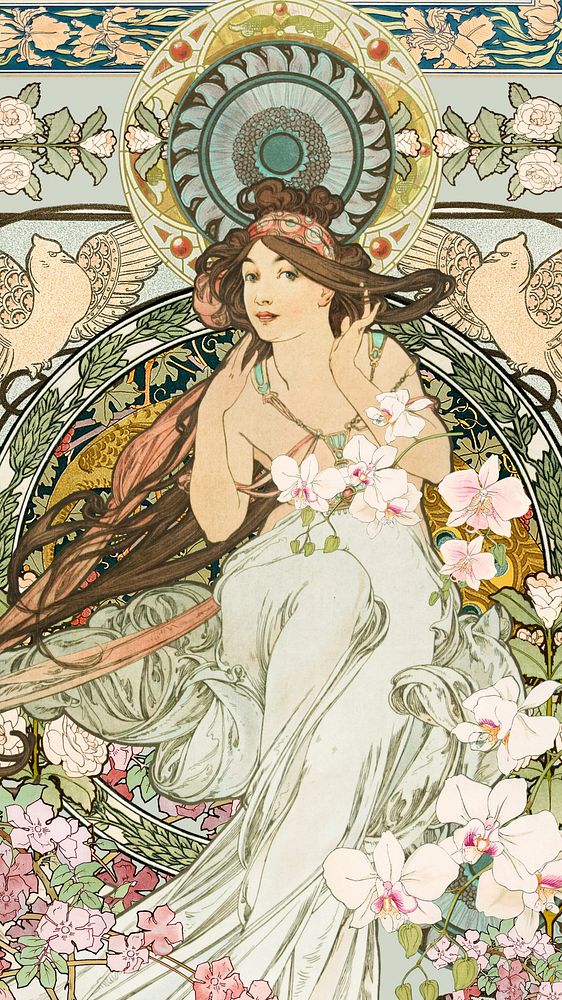 Alphonse Mucha's Music iPhone wallpaper, floral woman art nouveau illustration. Remixed by rawpixel.