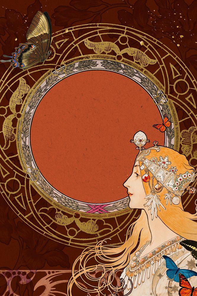 Red art nouveau frame background, Alphonse Mucha's woman illustration. Remixed by rawpixel.