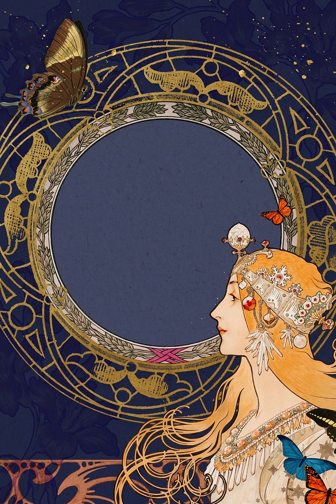 Blue art nouveau frame background, Alphonse Mucha's woman illustration. Remixed by rawpixel.