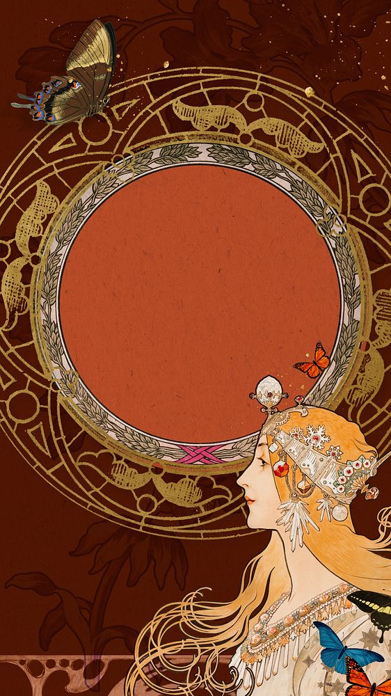 Red art nouveau frame iPhone wallpaper, Alphonse Mucha's woman illustration. Remixed by rawpixel.